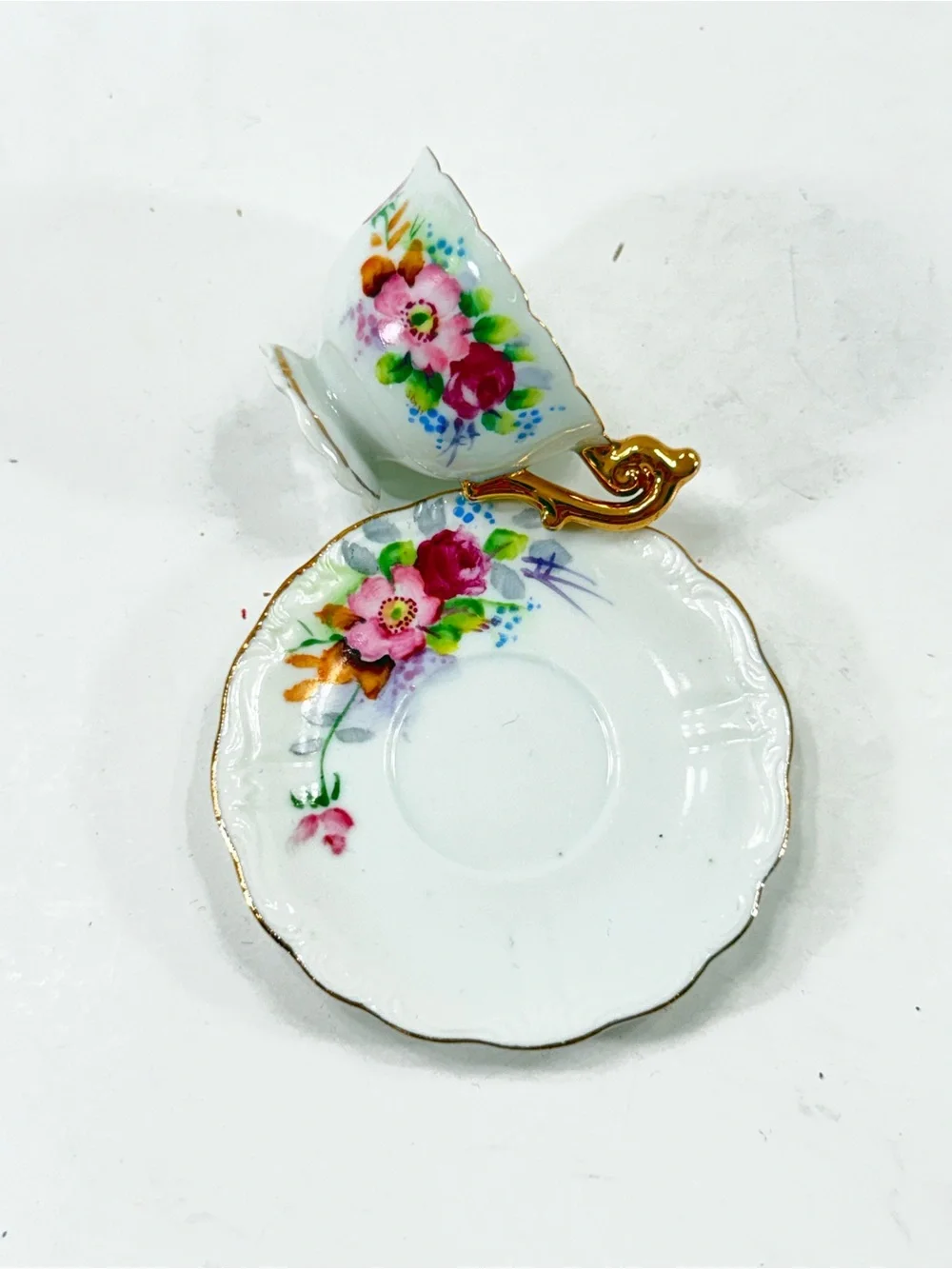 Vintage Miniature Mini Tea Cup Saucer Set Porcelain Hand Painted Flower Japan